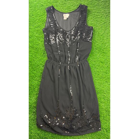 Max Studio M.S.S.P. Black Beaded Sequin Dress Sz M Elastic Waist Floral Hem Mini - Picture 1 of 8